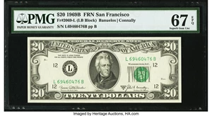 image for: Fr. 2069-L $20 1969B Federal Reserve Note. PMG Superb Gem Unc 67 EPQ....