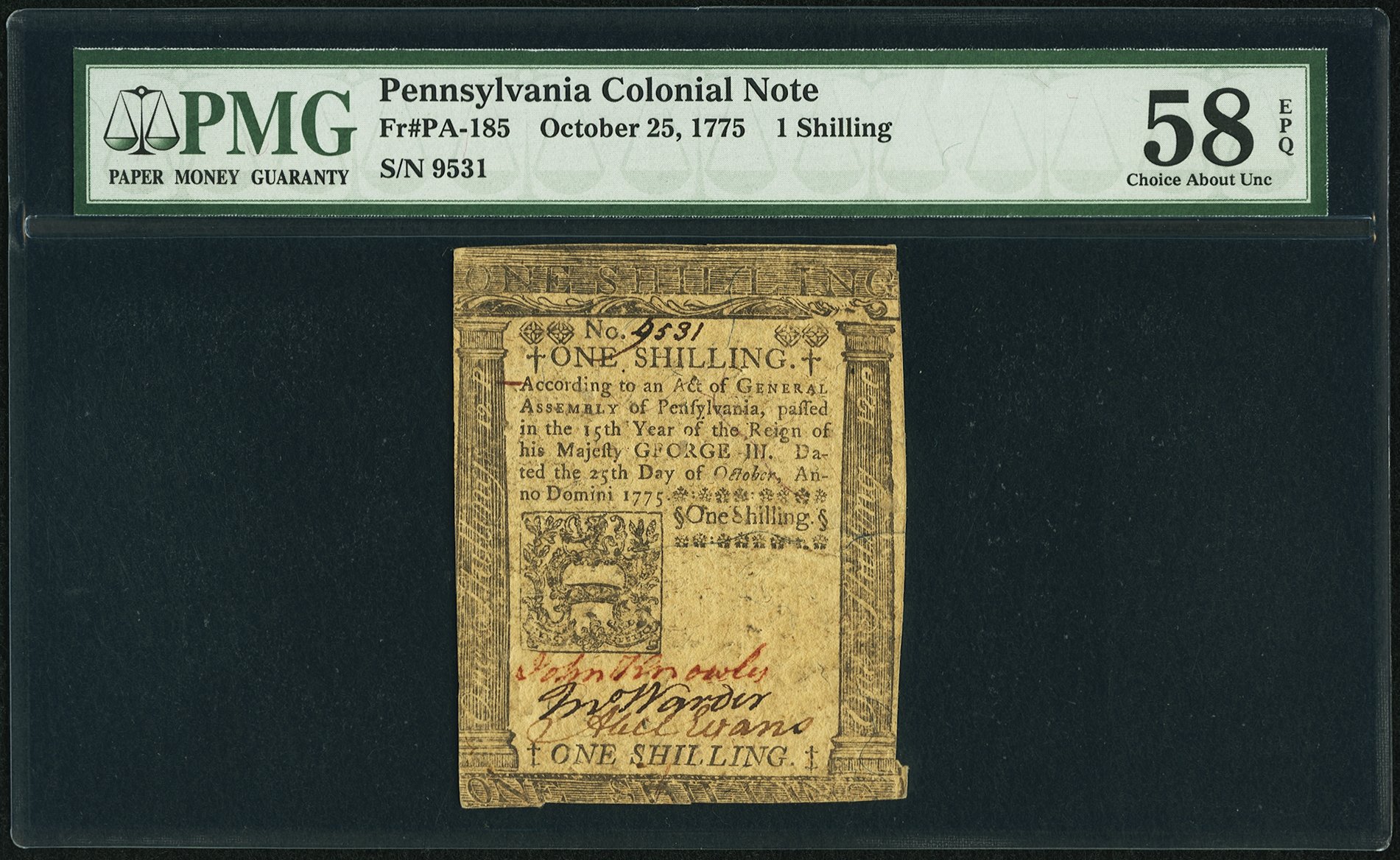 image for: Pennsylvania October 25, 1775 1s PMG Choice About Unc 58 EPQ....