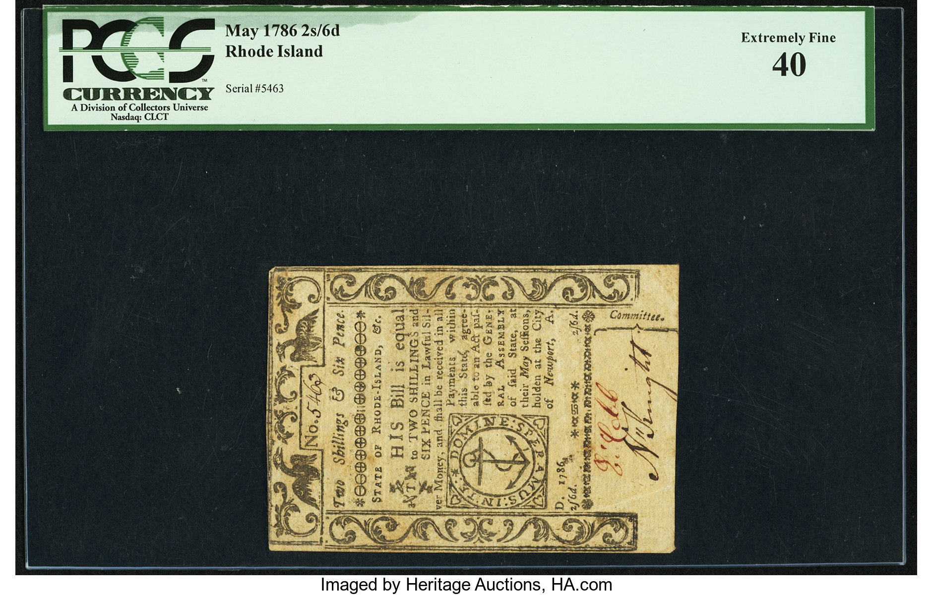 image for: Rhode Island May 1786 2s 6d PCGS Extremely Fine 40....