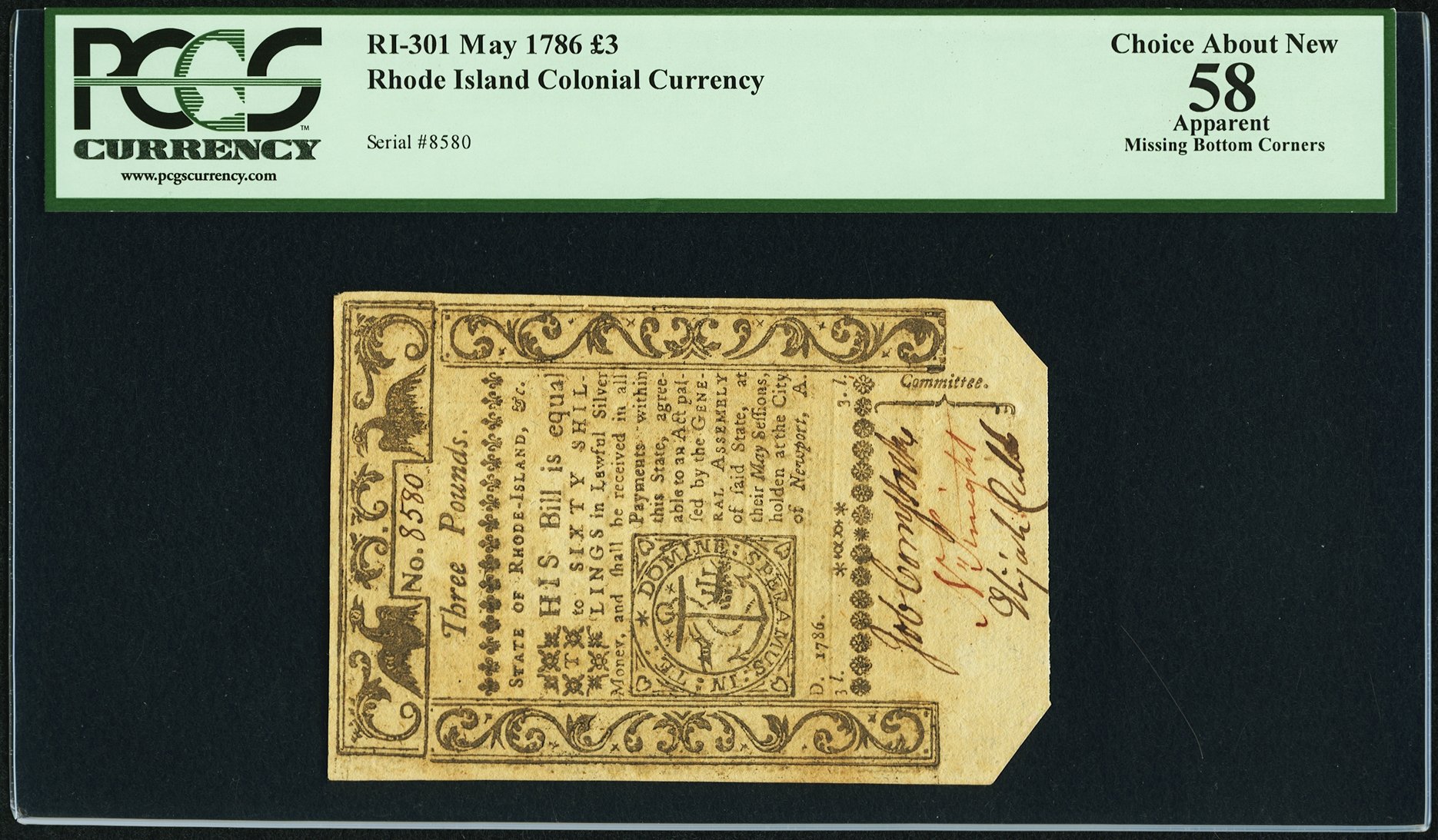 image for: Rhode Island May 1786 £3 PCGS Apparent Choice About New 58....