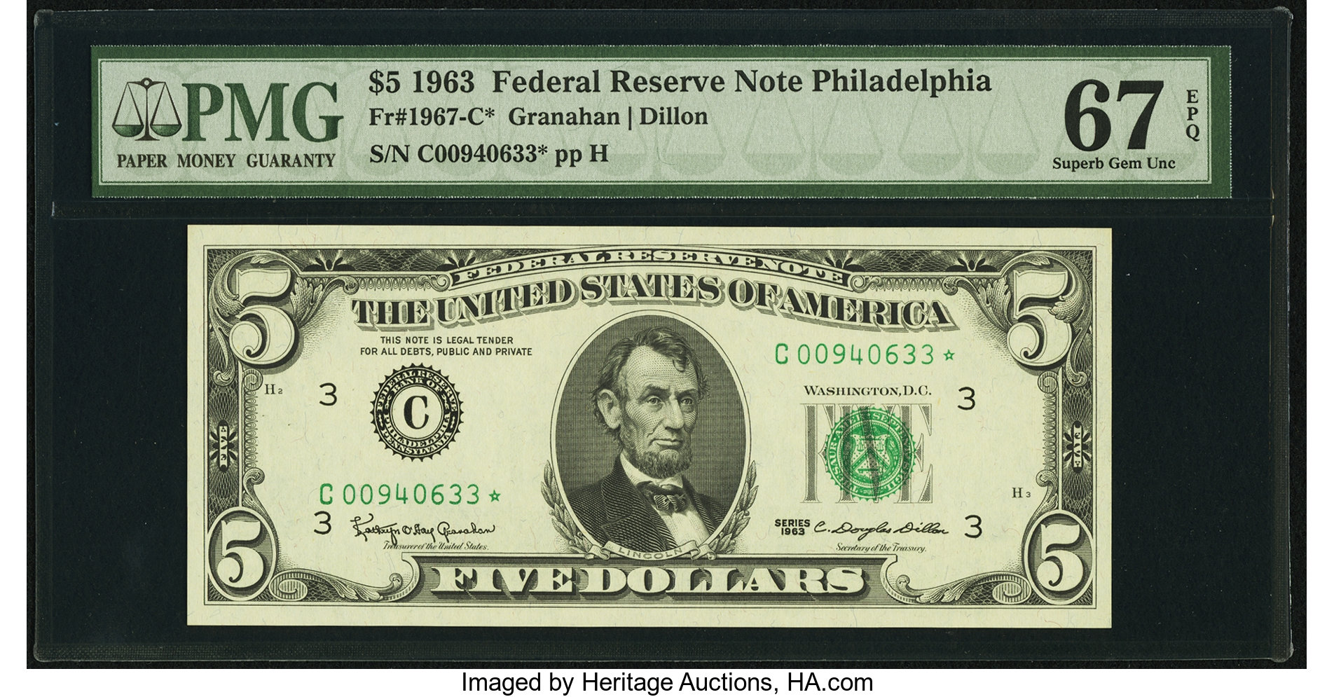 image for: Fr. 1967-C* $5 1963 Federal Reserve Note. PMG Superb Gem Unc 67 EPQ....