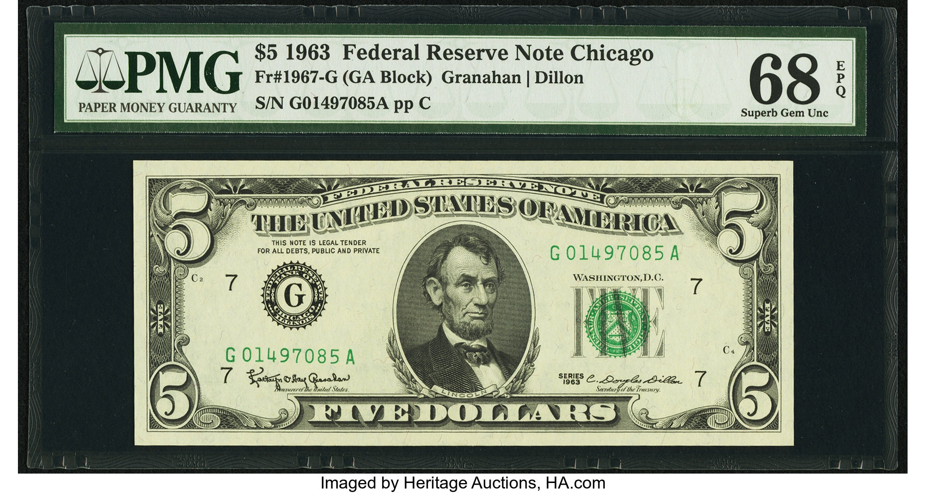 image for: Fr. 1967-G $5 1963 Federal Reserve Note. PMG Superb Gem Unc 68 EPQ....