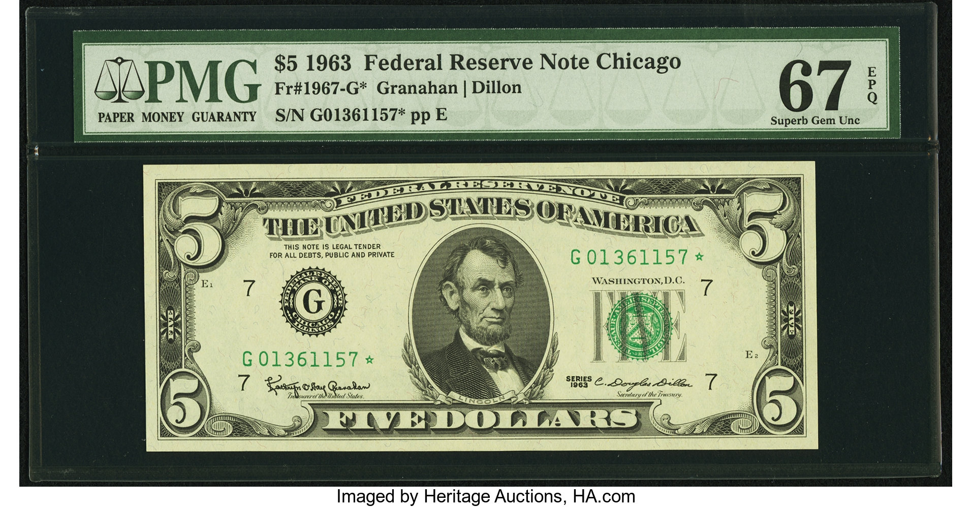 image for: Fr. 1967-G* $5 1963 Federal Reserve Note. PMG Superb Gem Unc 67 EPQ....