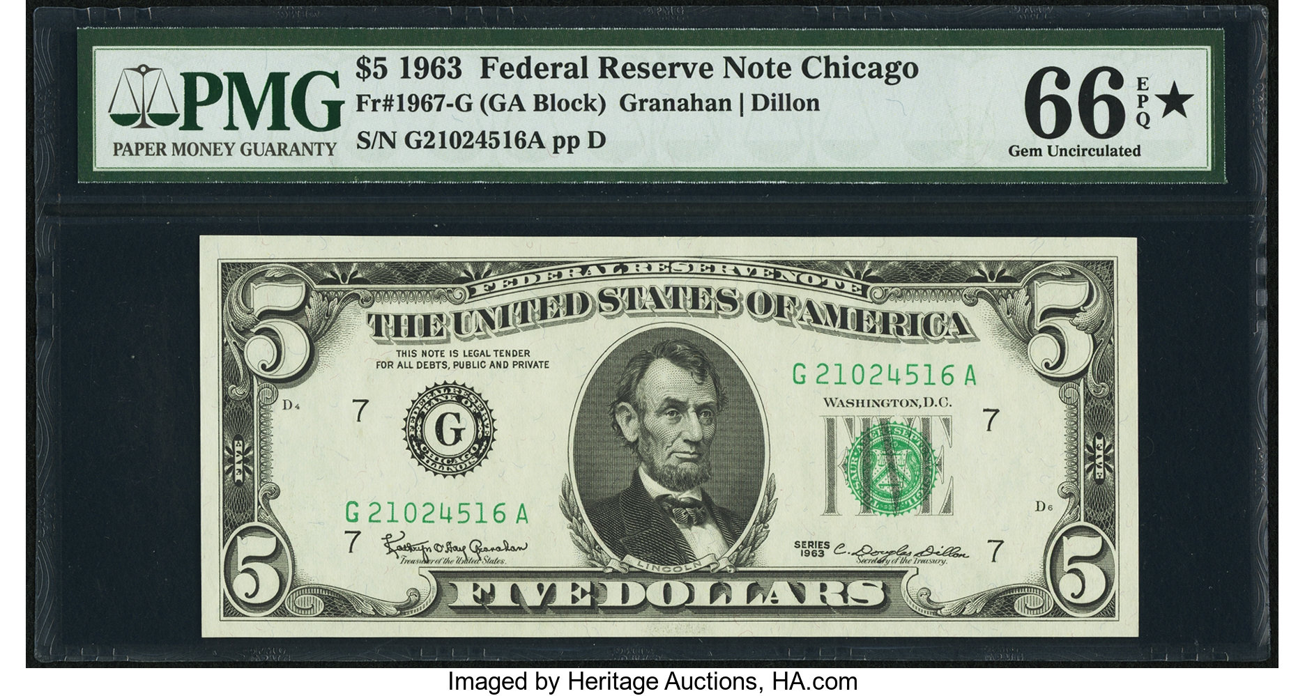 image for: Fr. 1967-G $5 1963 Federal Reserve Note. PMG Gem Uncirculated 66 EPQ*....