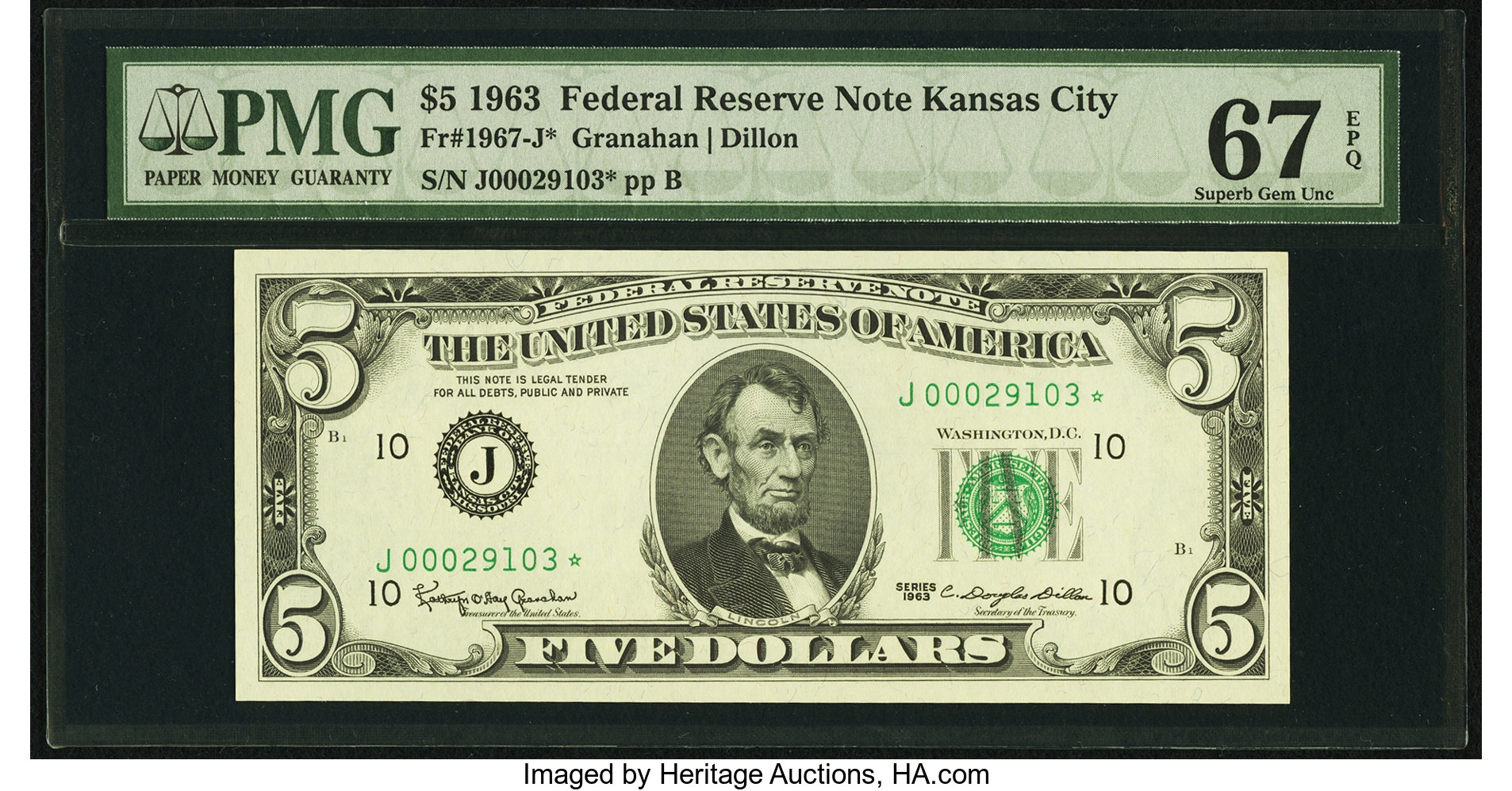 image for: Fr. 1967-J* $5 1963 Federal Reserve Note. PMG Superb Gem Unc 67 EPQ....