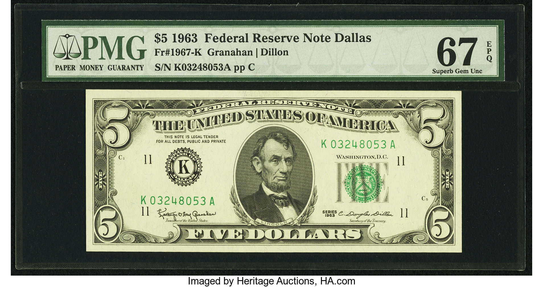 image for: Fr. 1967-K $5 1963 Federal Reserve Note. PMG Superb Gem Unc 67 EPQ....