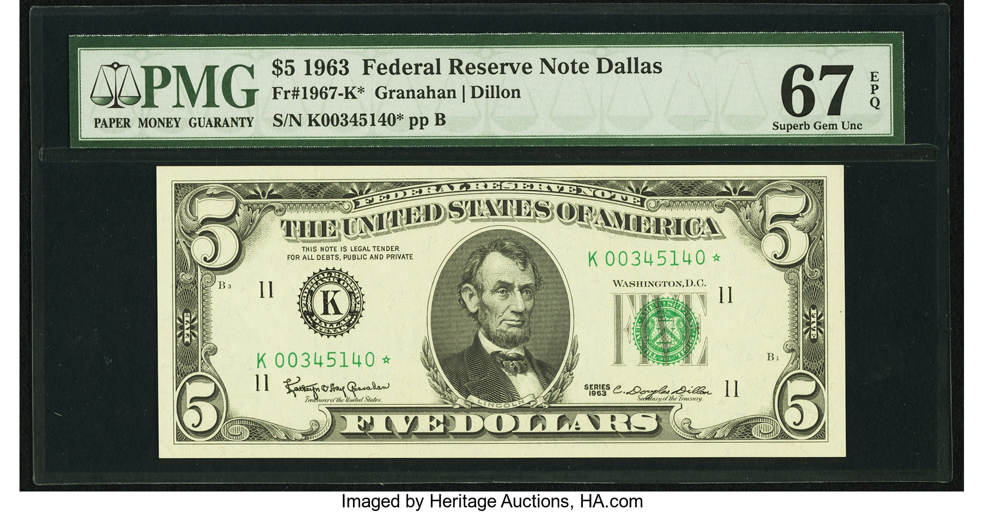 image for: Fr. 1967-K* $5 1963 Federal Reserve Note. PMG Superb Gem Unc 67 EPQ....