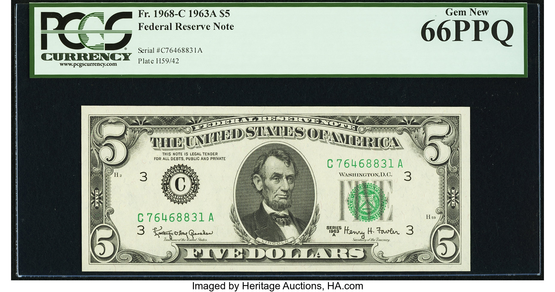 image for: Fr. 1968-C $5 1963A Federal Reserve Note. PCGS Gem New 66PPQ....