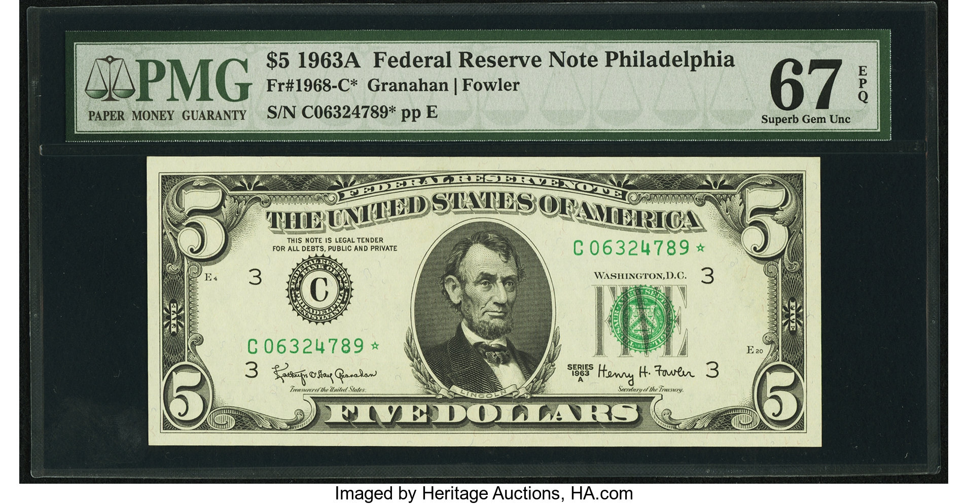 image for: Fr. 1968-C* $5 1963A Federal Reserve Note. PMG Superb Gem Unc 67 EPQ....