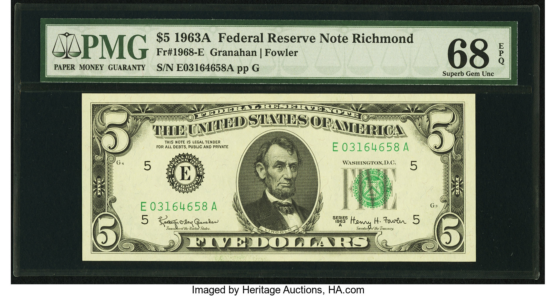 image for: Fr. 1968-E $5 1963A Federal Reserve Note. PMG Superb Gem Unc 68 EPQ....