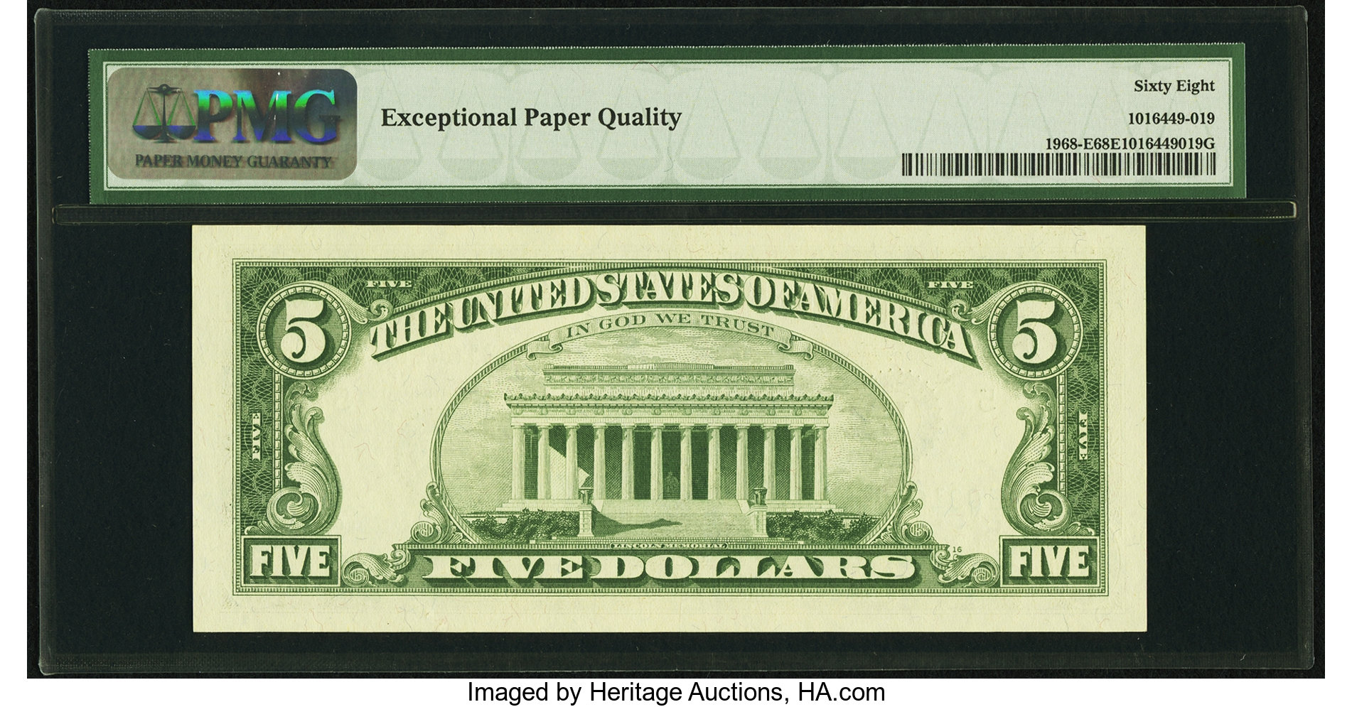 image for: Fr. 1968-E $5 1963A Federal Reserve Note. PMG Superb Gem Unc 68 EPQ....