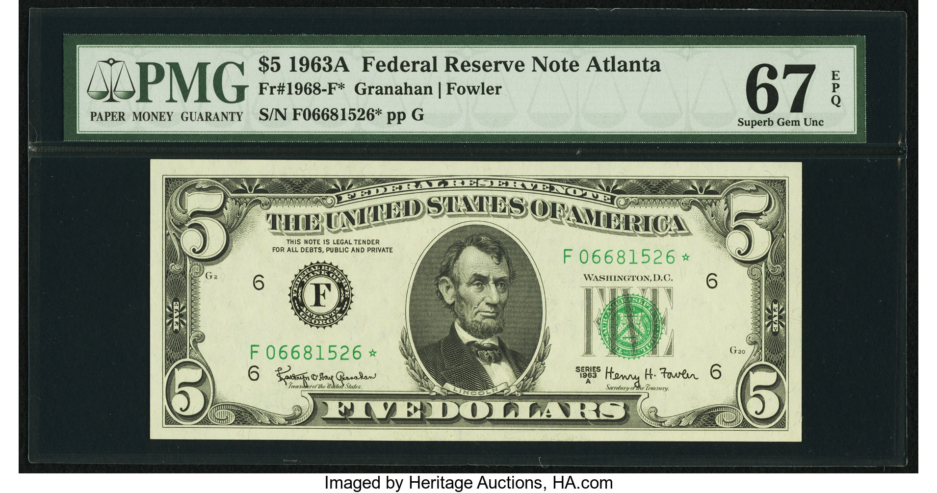 image for: Fr. 1968-F* $5 1963A Federal Reserve Note. PMG Superb Gem Unc 67 EPQ....