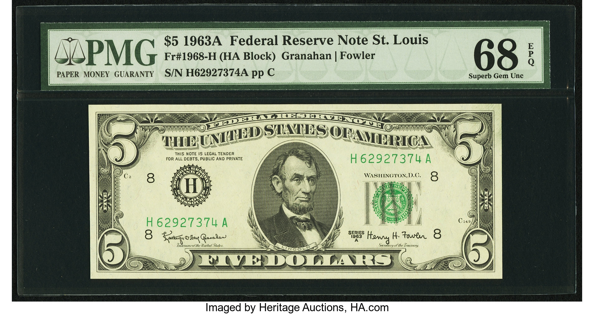 image for: Fr. 1968-H $5 1963A Federal Reserve Note. PMG Superb Gem Unc 68 EPQ....