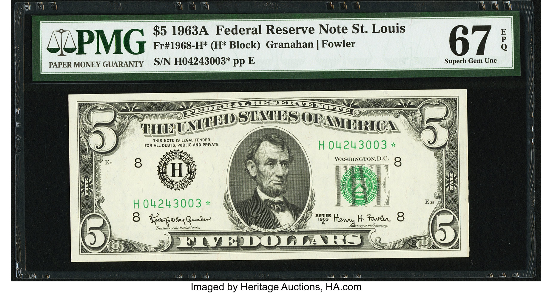 image for: Fr. 1968-H* $5 1963A Federal Reserve Note. PMG Superb Gem Unc 67 EPQ....