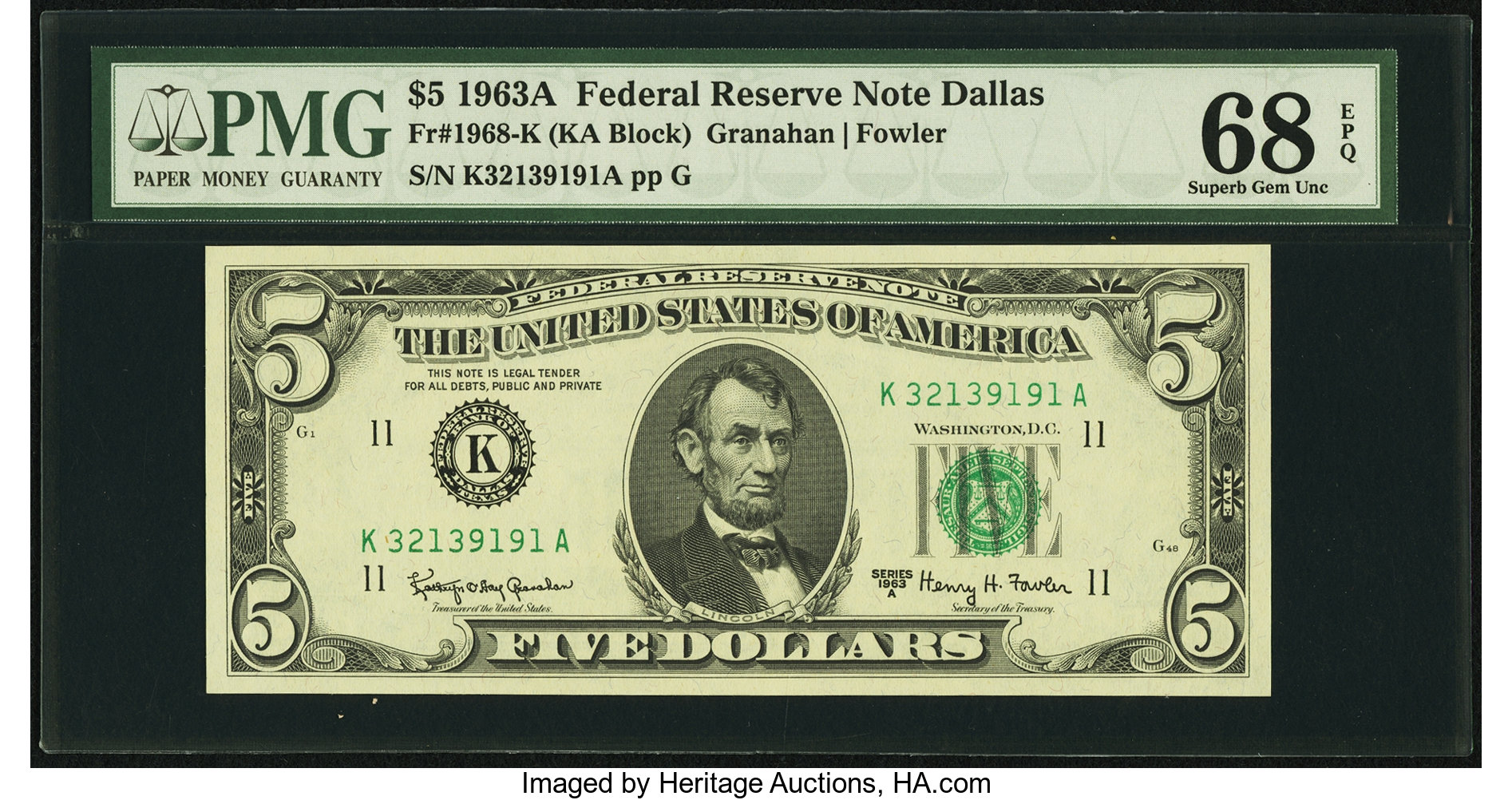 image for: Fr. 1968-K $5 1963A Federal Reserve Note. PMG Superb Gem Unc 68 EPQ....