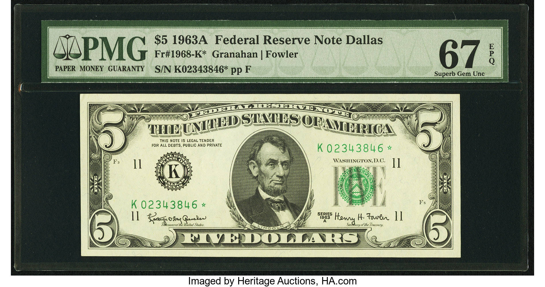 image for: Fr. 1968-K* $5 1963A Federal Reserve Note. PMG Superb Gem Unc 67 EPQ....