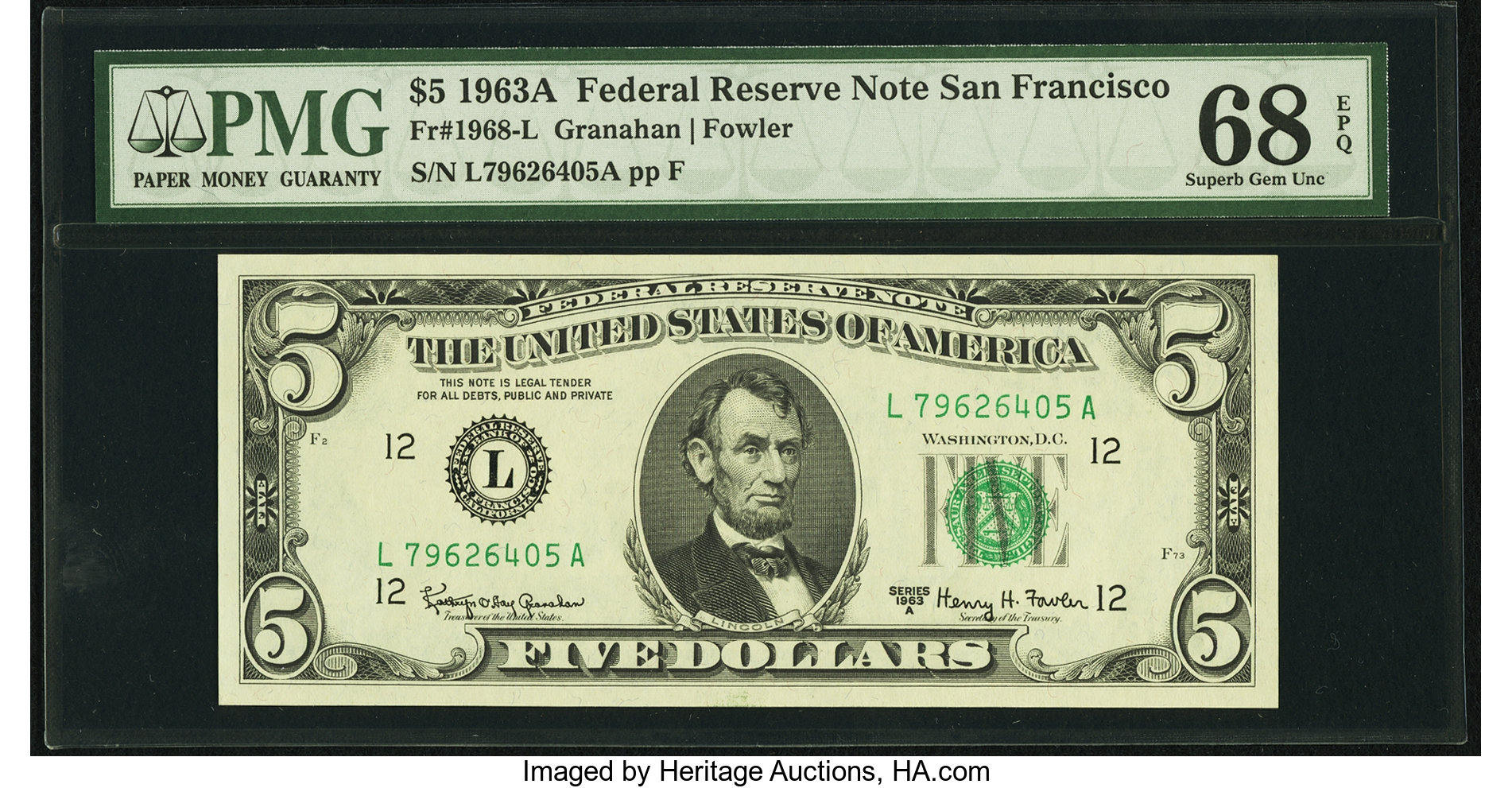 image for: Fr. 1968-L $5 1963A Federal Reserve Note. PMG Superb Gem Unc 68 EPQ....