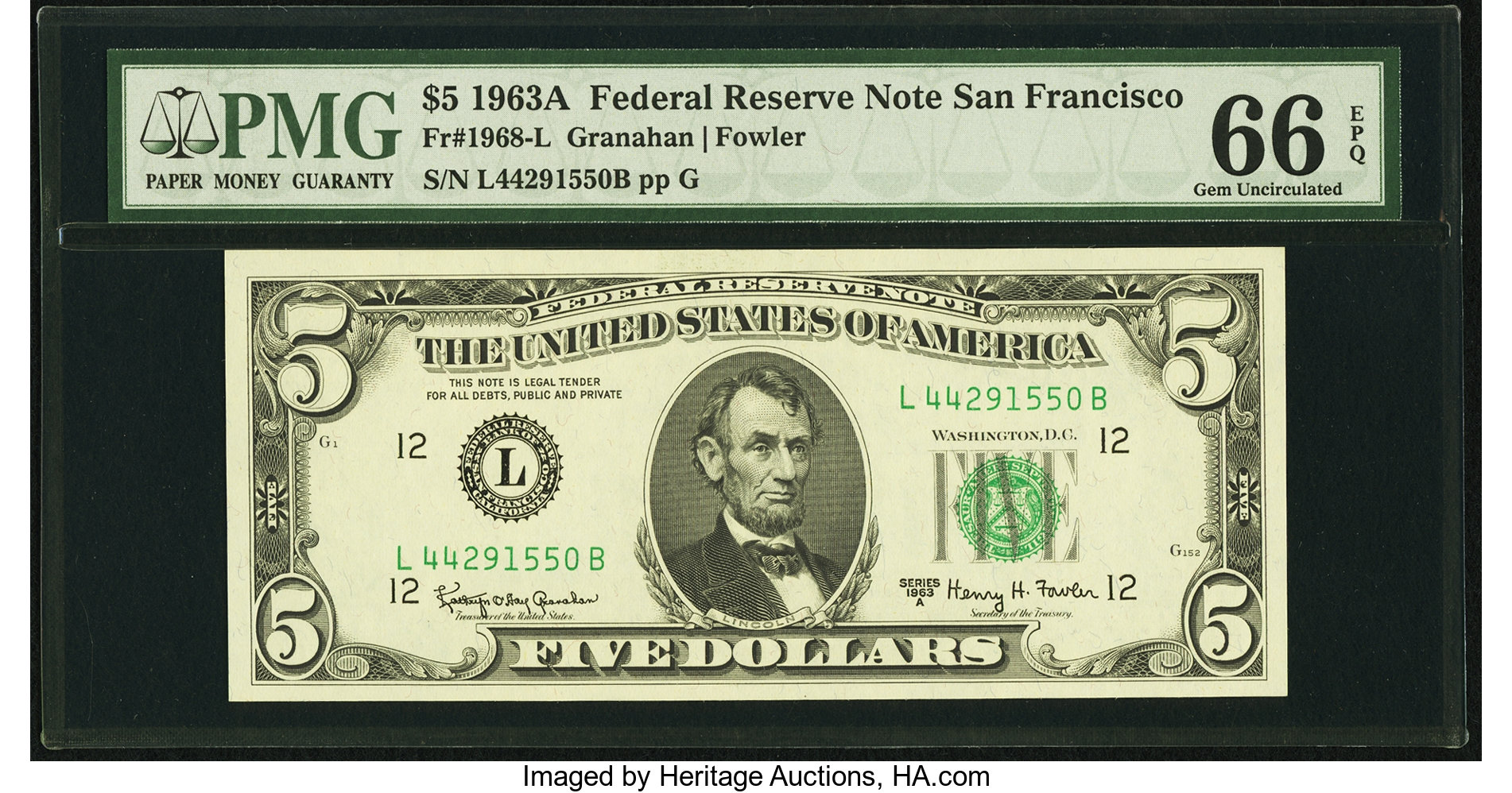 image for: Fr. 1968-L $5 1963A Federal Reserve Note. PMG Gem Uncirculated 66 EPQ....