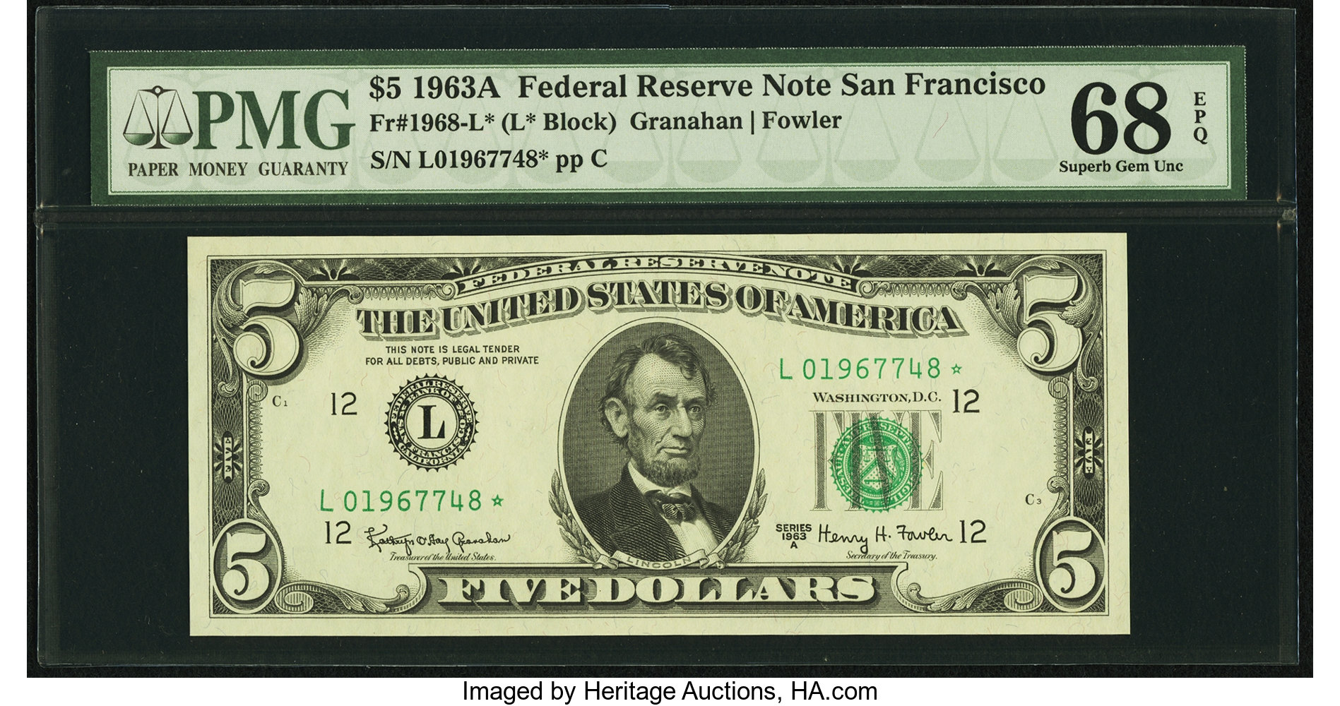 image for: Fr. 1968-L* $5 1963A Federal Reserve Note. PMG Superb Gem Unc 68 EPQ....
