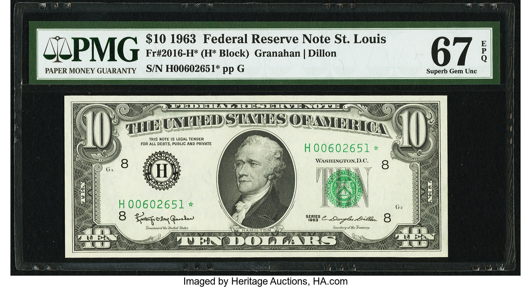 image for: Fr. 2016-H* $10 1963 Federal Reserve Note. PMG Superb Gem Unc 67 EPQ....