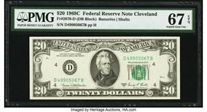 image for: Fr. 2070-D $20 1969C Federal Reserve Note. PMG Superb Gem Unc 67 EPQ....
