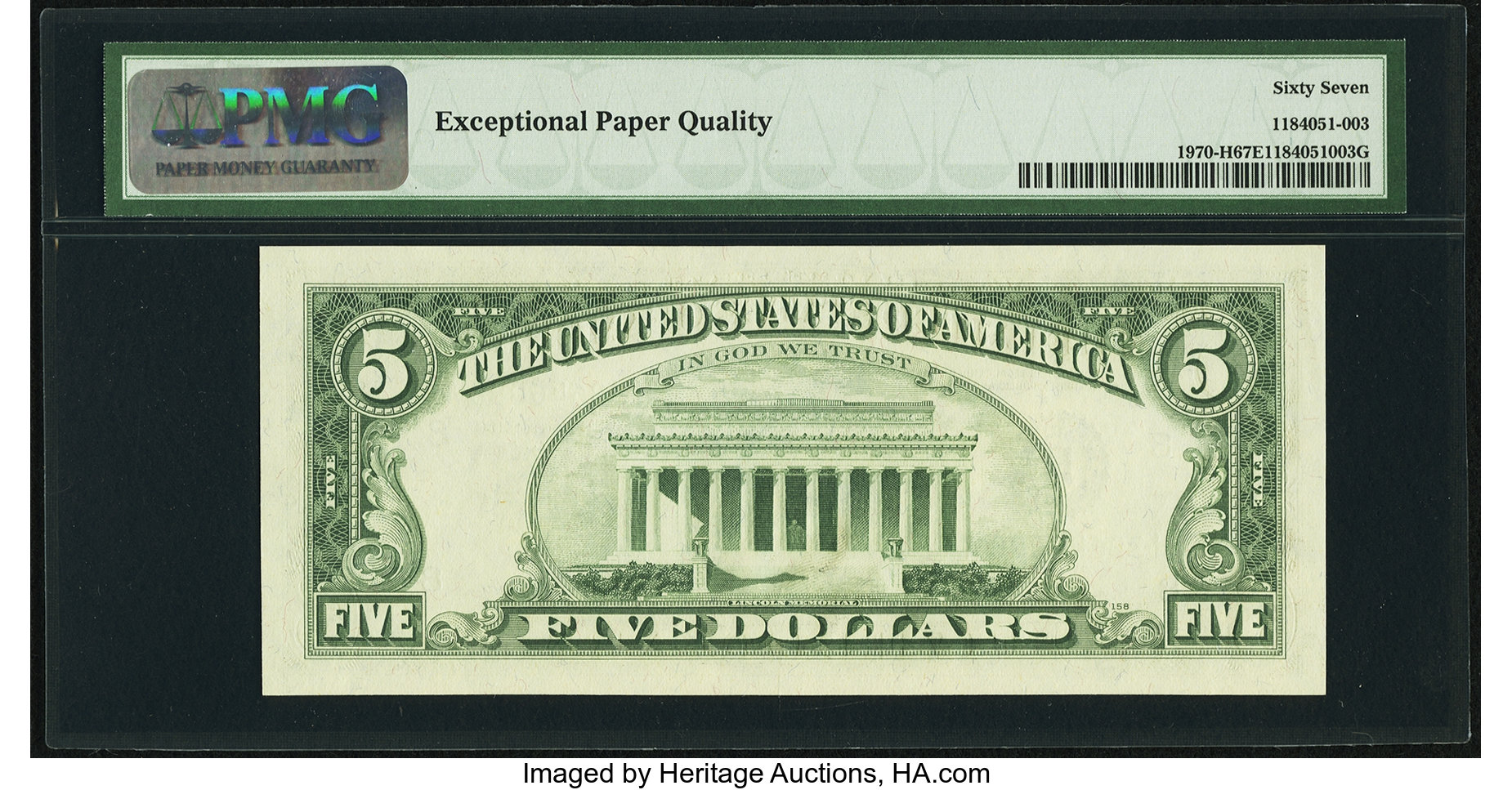 image for: Fr. 1970-H $5 1969A Federal Reserve Note. PMG Superb Gem Unc 67 EPQ....