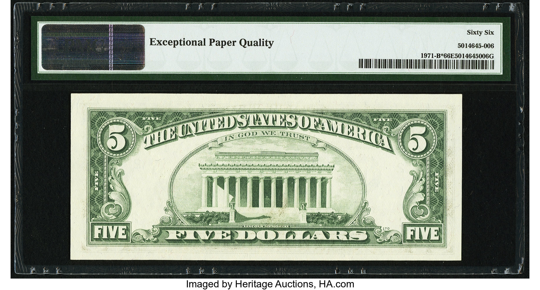 image for: Fr. 1971-B* $5 1969B Federal Reserve Note. PMG Gem Uncirculated 66 EPQ....