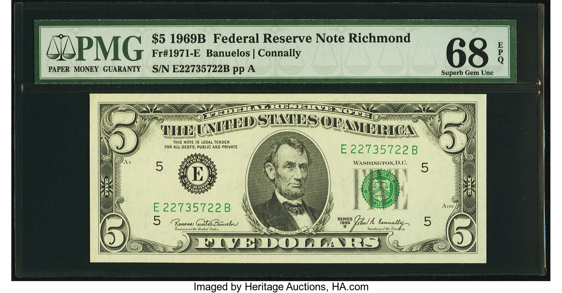 image for: Fr. 1971-E $5 1969B Federal Reserve Note. PMG Superb Gem Unc 68 EPQ....