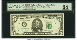 image for: Fr. 1971-F $5 1969B Federal Reserve Note. PMG Superb Gem Unc 68 EPQ....