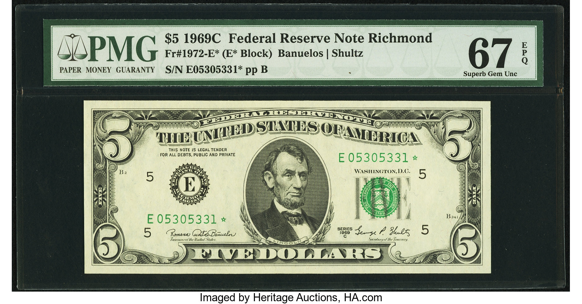 image for: Fr. 1972-E* $5 1969C Federal Reserve Note. PMG Superb Gem Unc 67 EPQ....