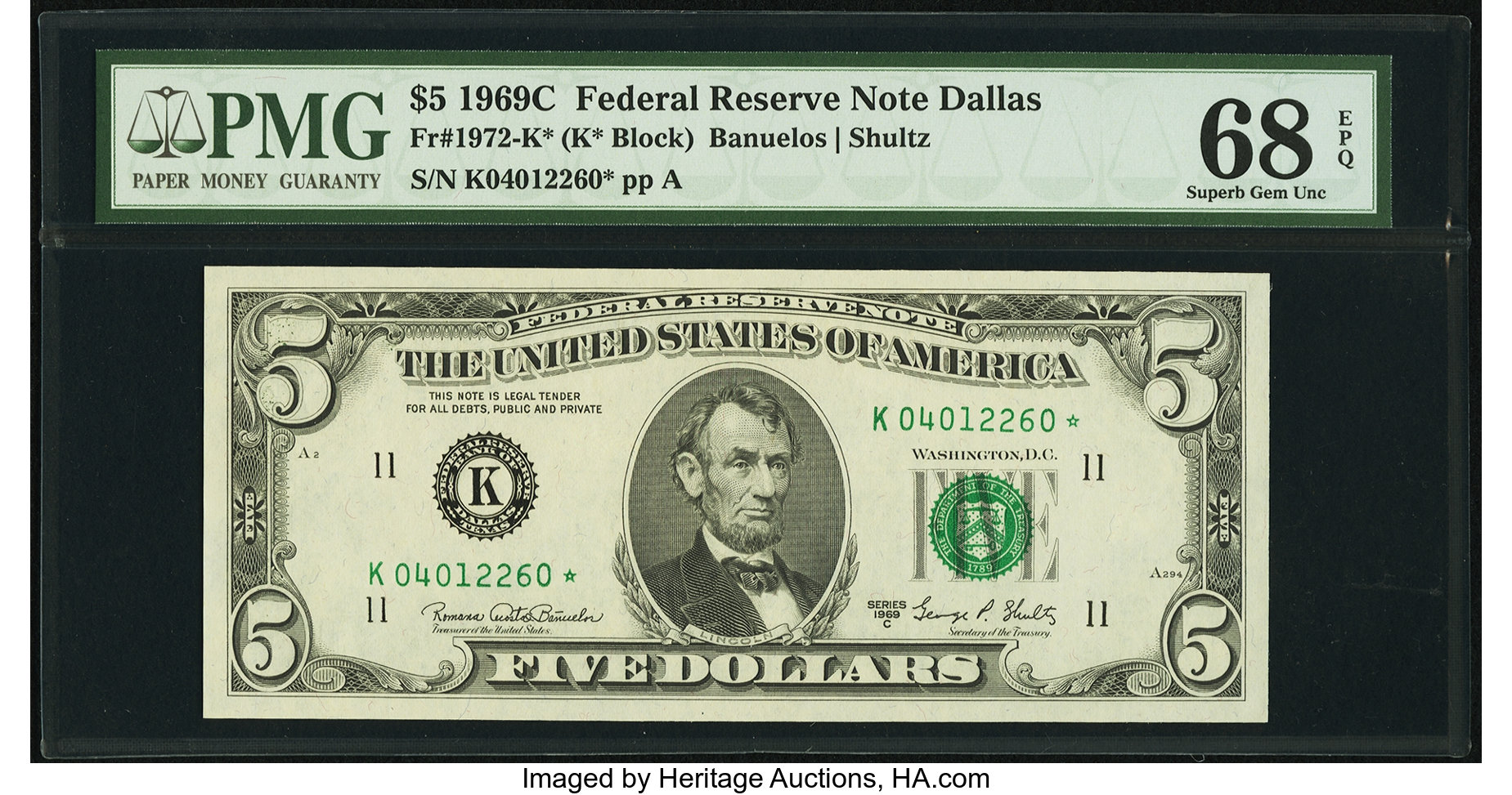 image for: Fr. 1972-K* $5 1969C Federal Reserve Note. PMG Superb Gem Unc 68 EPQ....