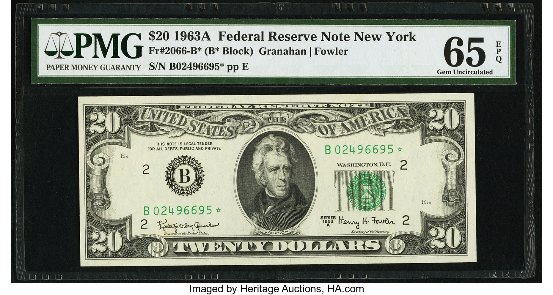 image for: Fr. 2066-B* $20 1963A Federal Reserve Note. PMG Gem Uncirculated 65 EPQ....