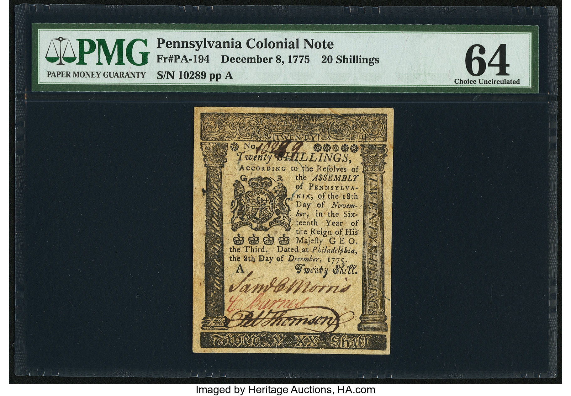 image for: Pennsylvania December 8, 1775 20s PMG Choice Uncirculated 64....