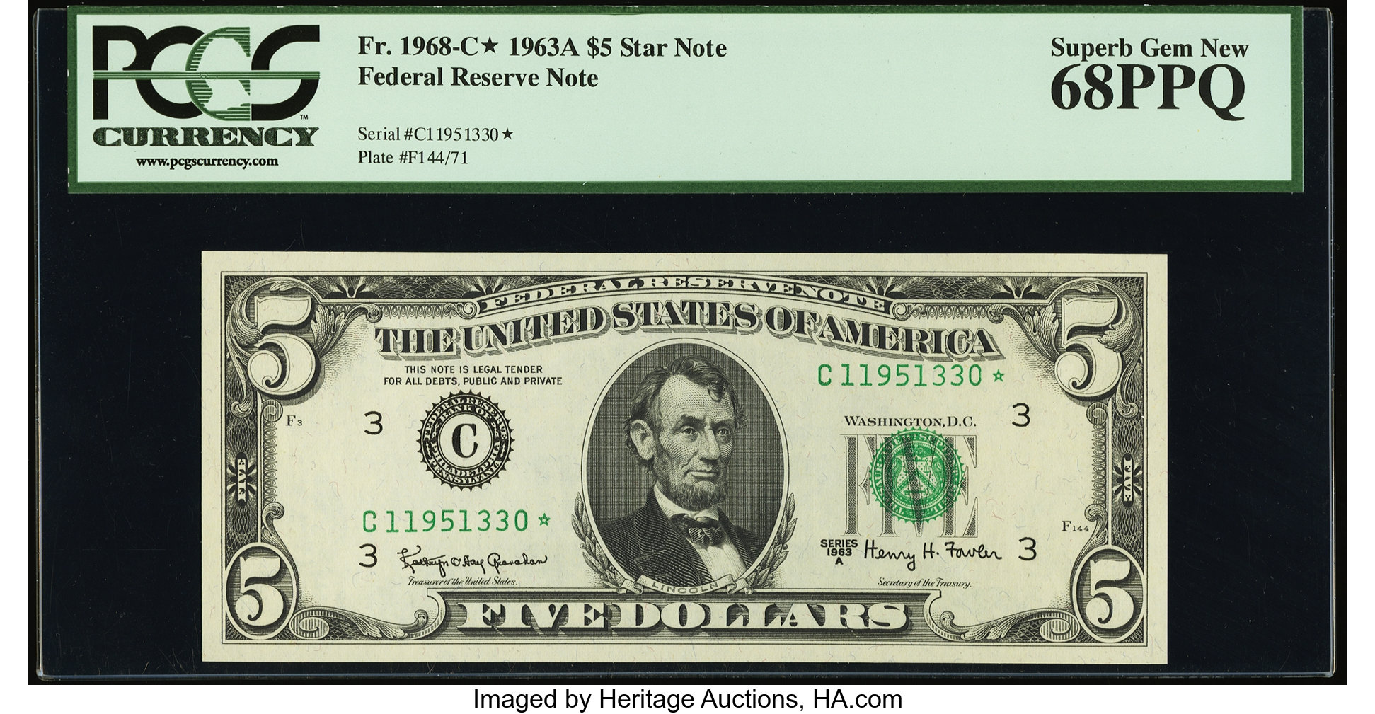 image for: Fr. 1968-C* $5 1963A Federal Reserve Note. PCGS Superb Gem New 68PPQ....