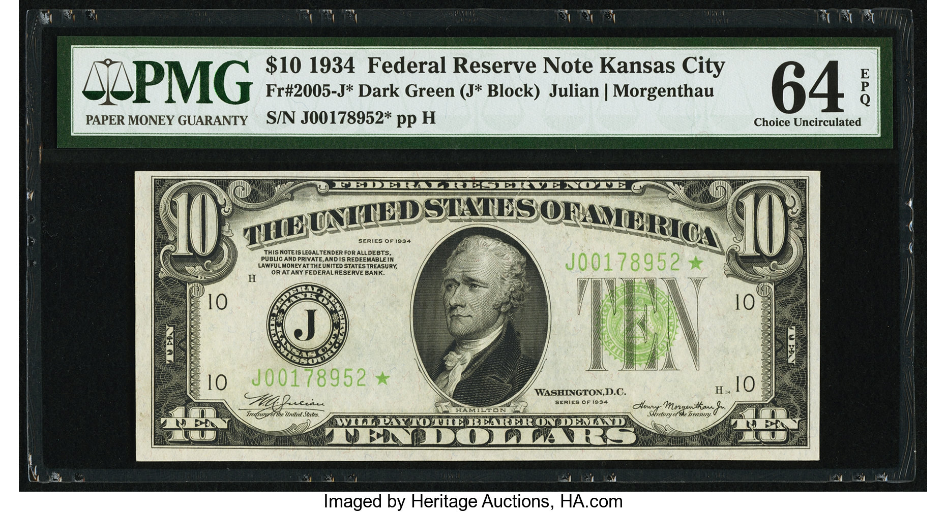 image for: Fr. 2005-J* $10 1934 Dark Green Seal Federal Reserve Note. PMG Choice Uncirculated 64 EPQ....