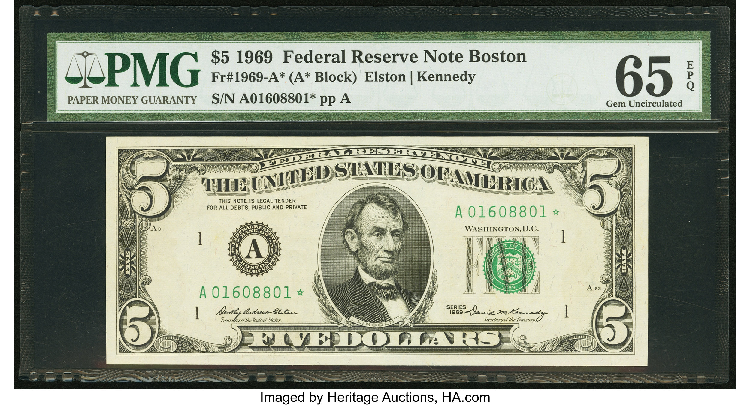 image for: Fr. 1969-A* $5 1969 Federal Reserve Star Note. PMG Gem Uncirculated 65 EPQ....