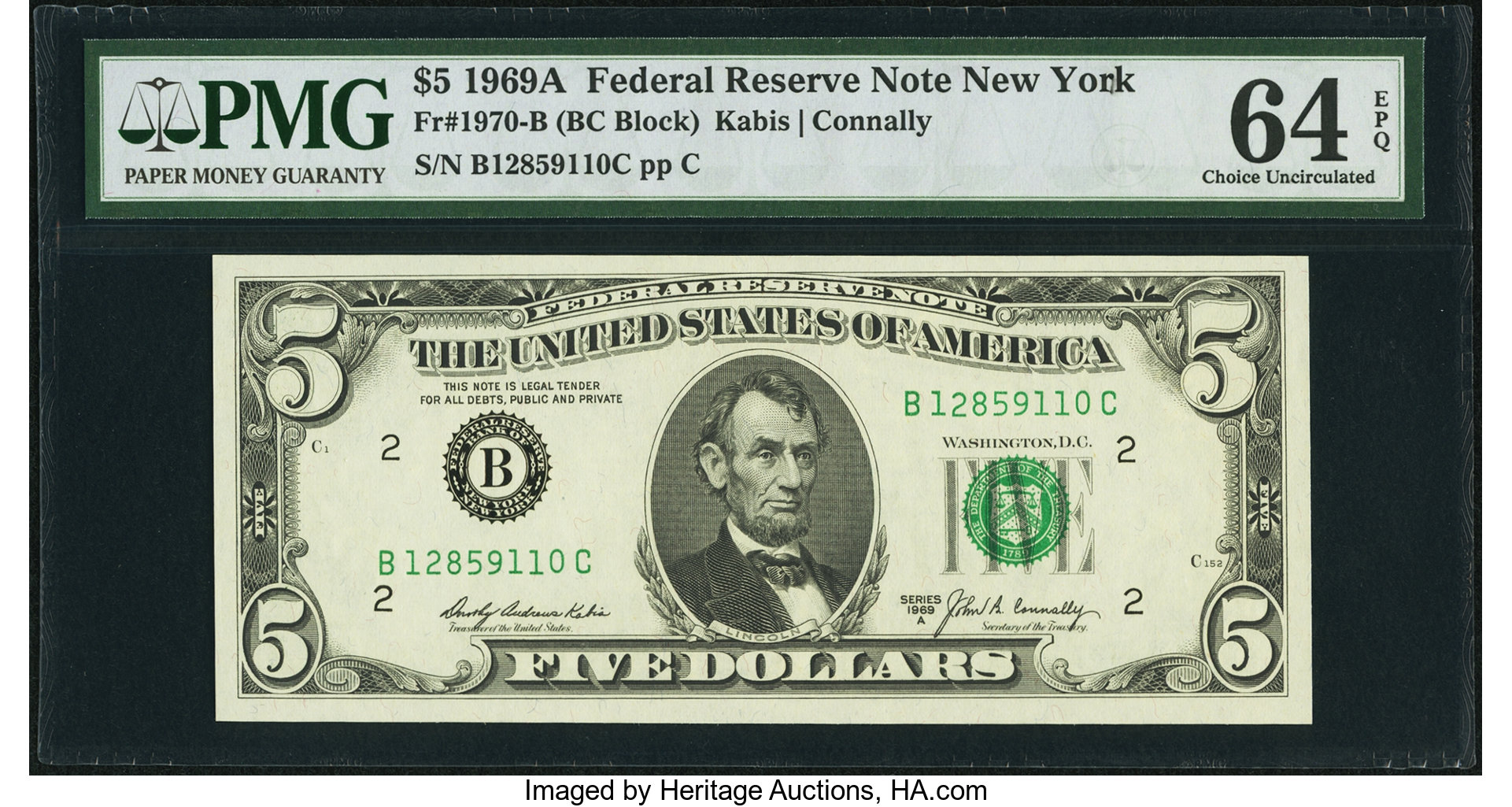 image for: Fr. 1970-B $5 1969A Federal Reserve Note. PMG Choice Uncirculated 64 EPQ....