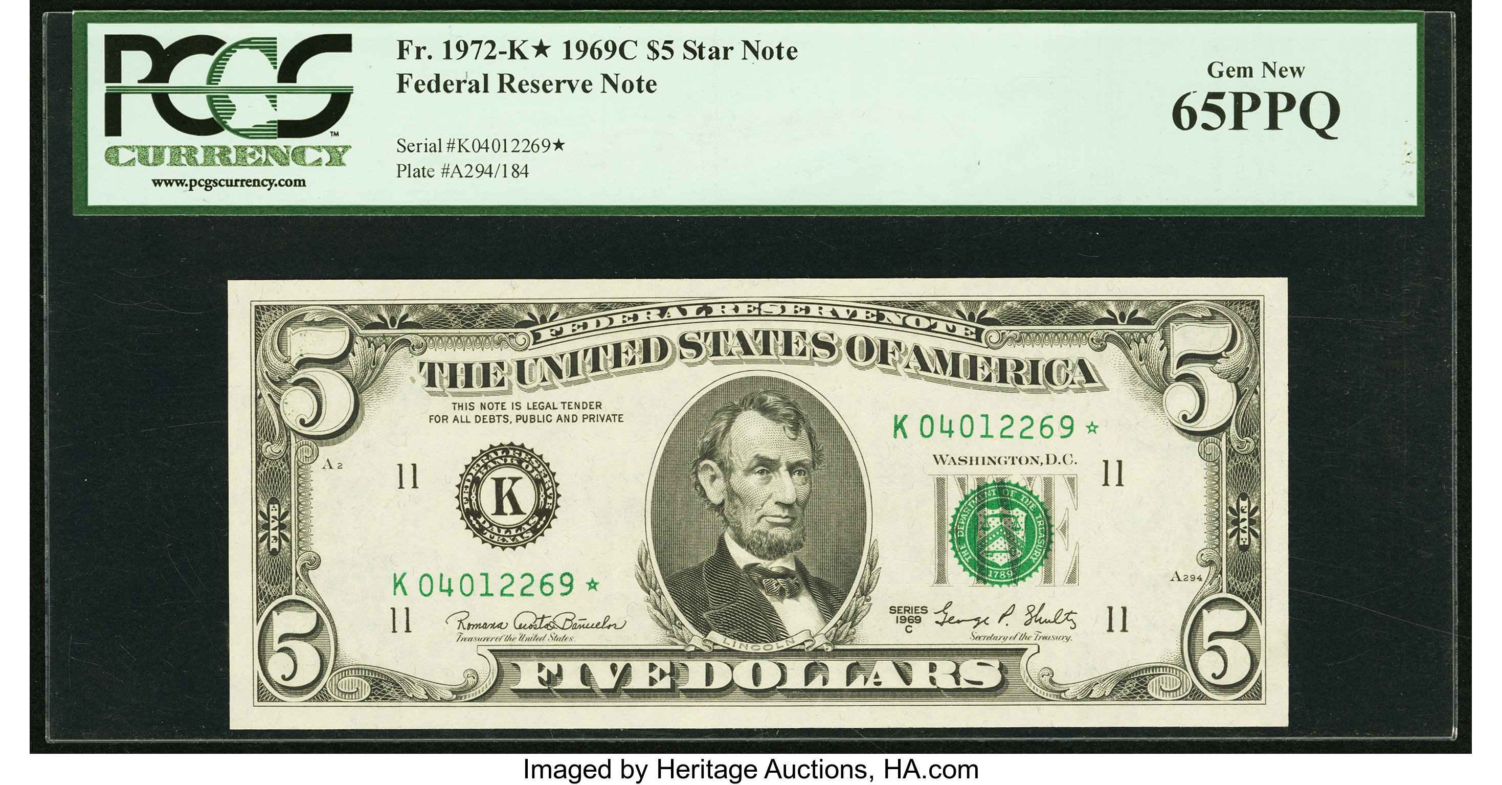 image for: Fr. 1972-K* $5 1969C Federal Reserve Note. PCGS Gem New 65PPQ....