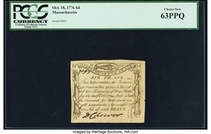 image for: Massachusetts October 18, 1776 6d PCGS Choice New 63PPQ....