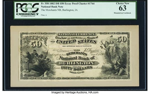 image for: Burlington, IA - $50 1882 Date Back Essay Proof Fr. 558 The Merchants NB Ch. # 1744 PCGS Choice New 63....