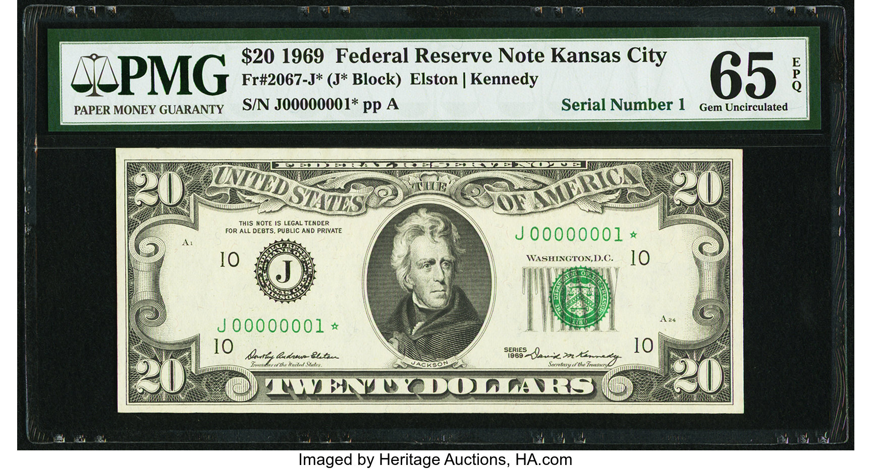 image for: Serial Number 1 Fr. 2067-J* $20 1969 Federal Reserve Note. PMG Gem Uncirculated 65 EPQ....