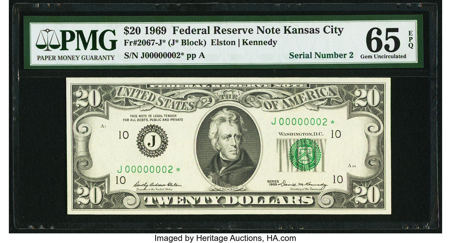 image for: Serial Number 2 Fr. 2067-J* $20 1969 Federal Reserve Note. PMG Gem Uncirculated 65 EPQ....