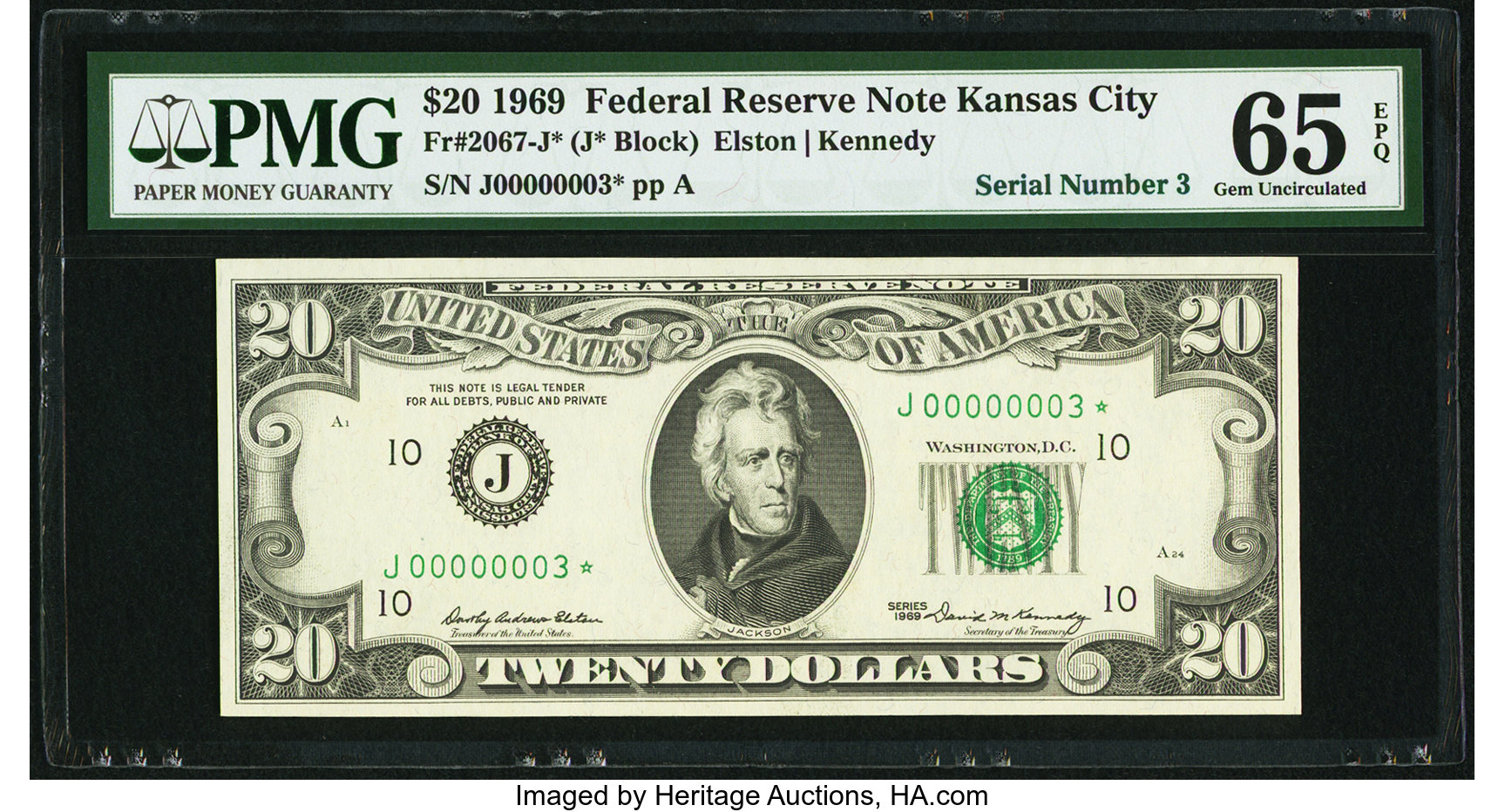 image for: Serial Number 3 Fr. 2067-J* $20 1969 Federal Reserve Note. PMG Gem Uncirculated 65 EPQ....