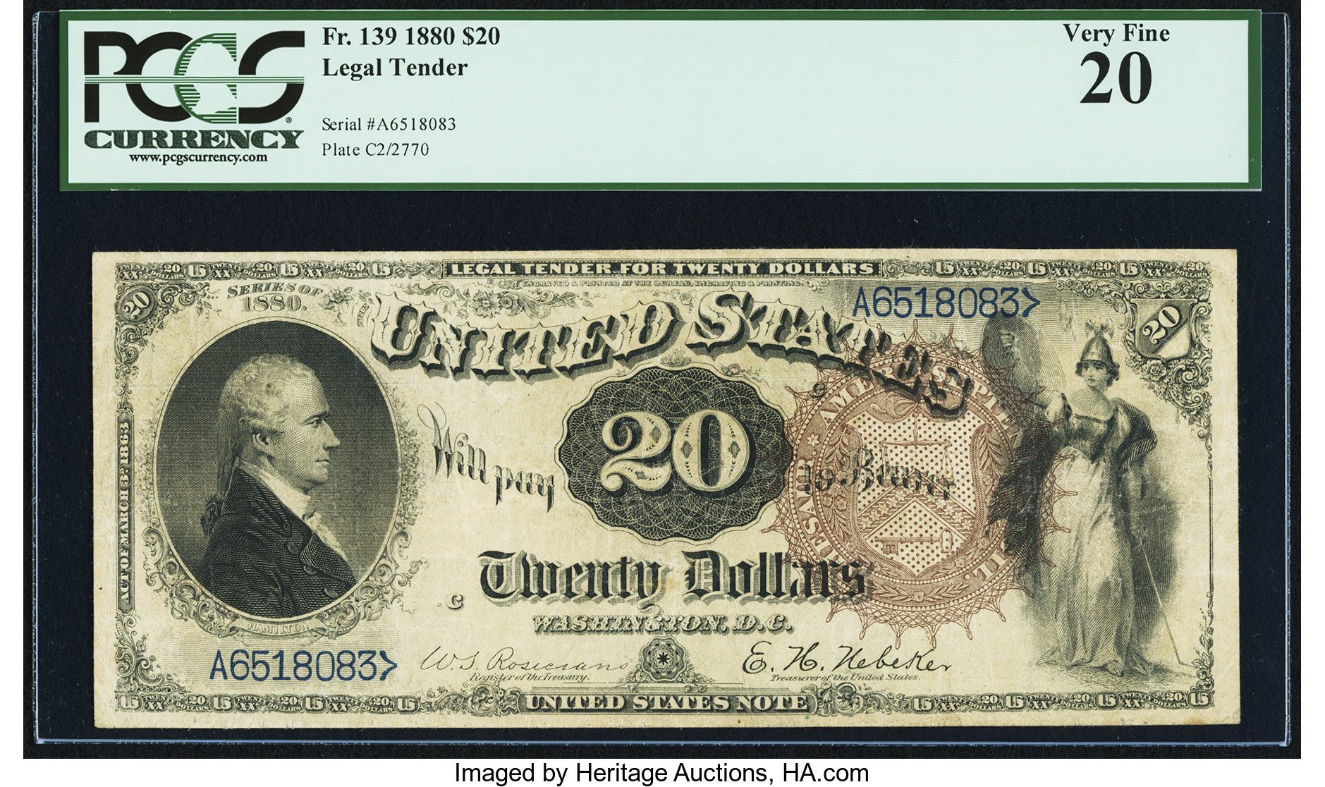 image for: Fr. 139 $20 1880 Legal Tender PCGS Very Fine 20....