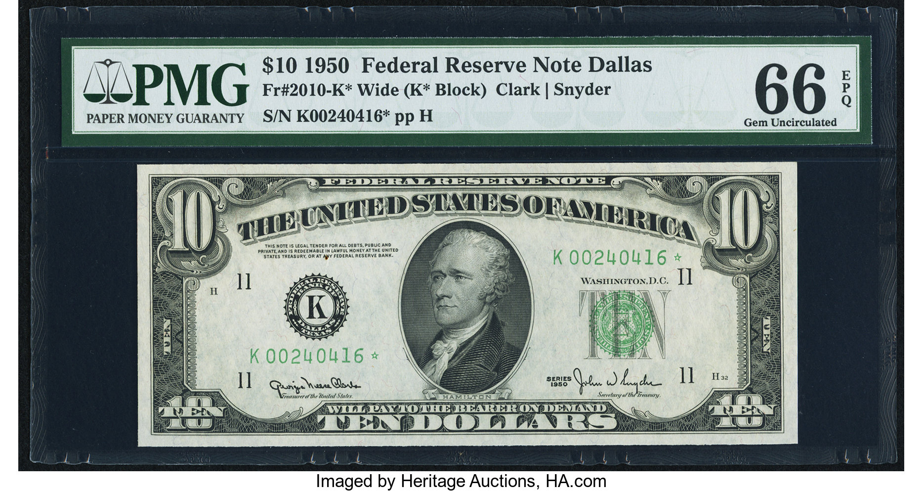 image for: Fr. 2010-K* $10 1950 Wide Federal Reserve Note. PMG Gem Uncirculated 66 EPQ....