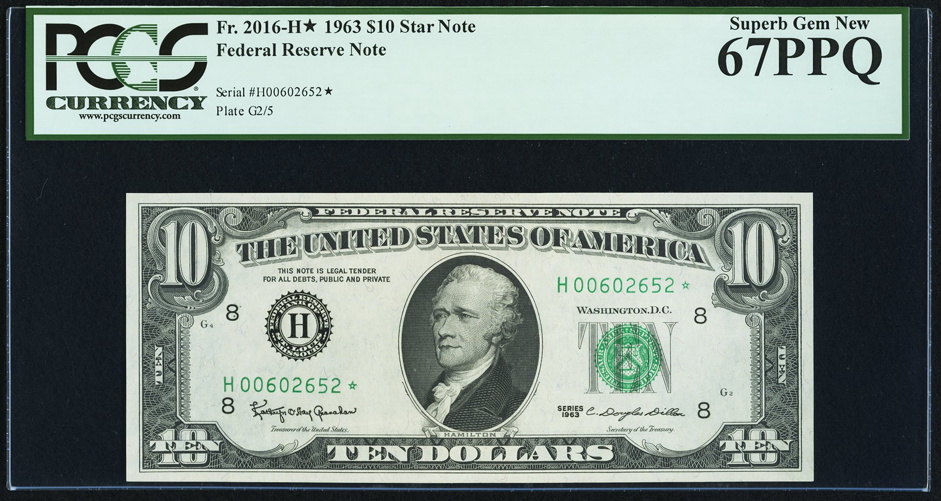 image for: Fr. 2016-H* $10 1963 Federal Reserve Note. PCGS Superb Gem New 67PPQ....