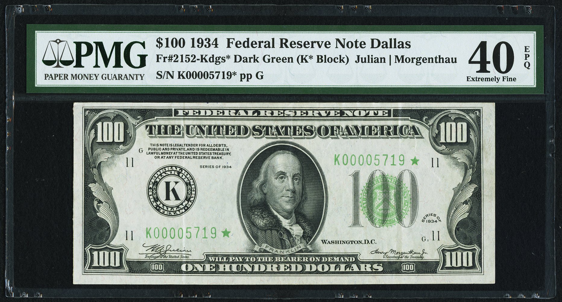 image for: Fr. 2152-K* $100 1934 Federal Reserve Note. PMG Extremely Fine 40 EPQ....