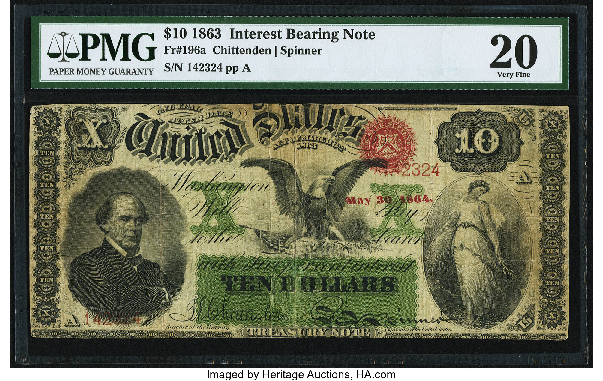 image for: Fr. 196a $10 1863 Interest Bearing Note PMG Very Fine 20....