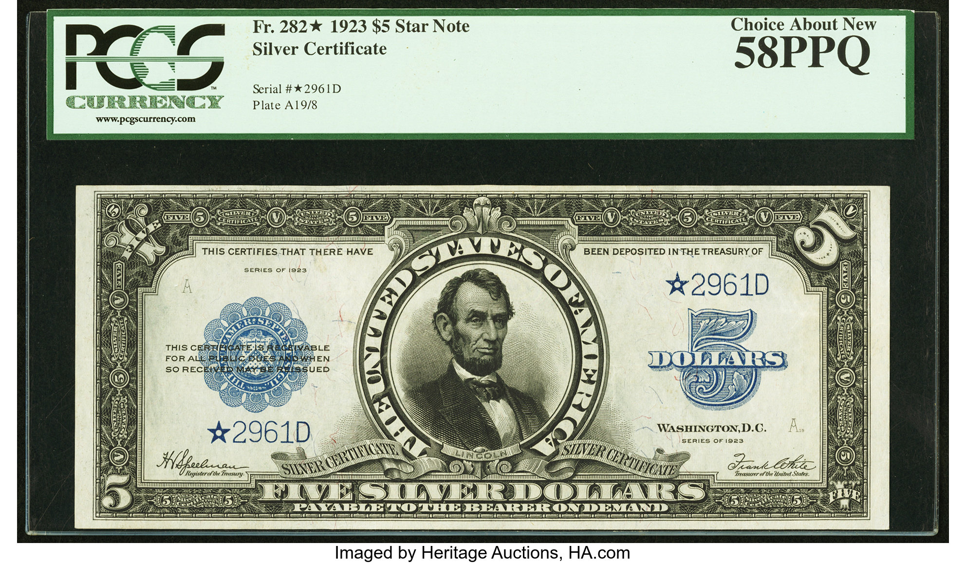 image for: Fr. 282* $5 1923 Silver Certificate PCGS Choice About New 58PPQ....