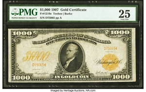 image for: Fr. 1219e $1,000 1907 Gold Certificate PMG Very Fine 25....